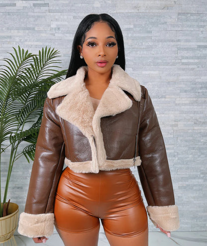 Women’s fur cropped leather jacket