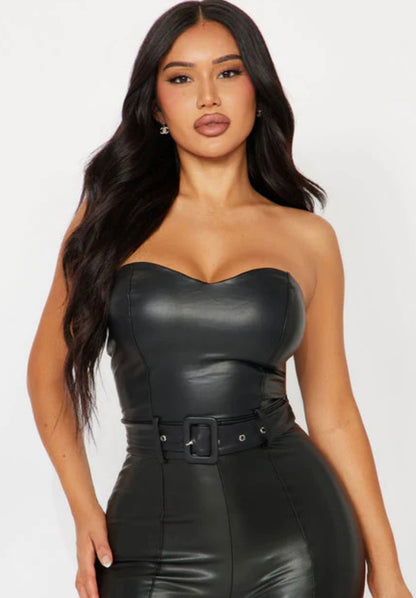 Pu strapless catsuit